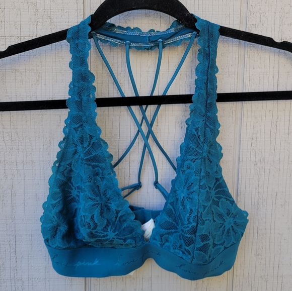 PINK Victoria's Secret Blue Lace Floral Cross Back Halter Bralette Bra Small - Picture 1 of 11